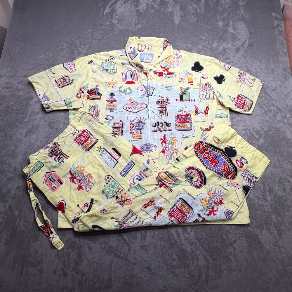 Vtg 90s Nick & Nora Pajama Set Unisex XL Yellow Cotton Las Vegas Casino Cotton